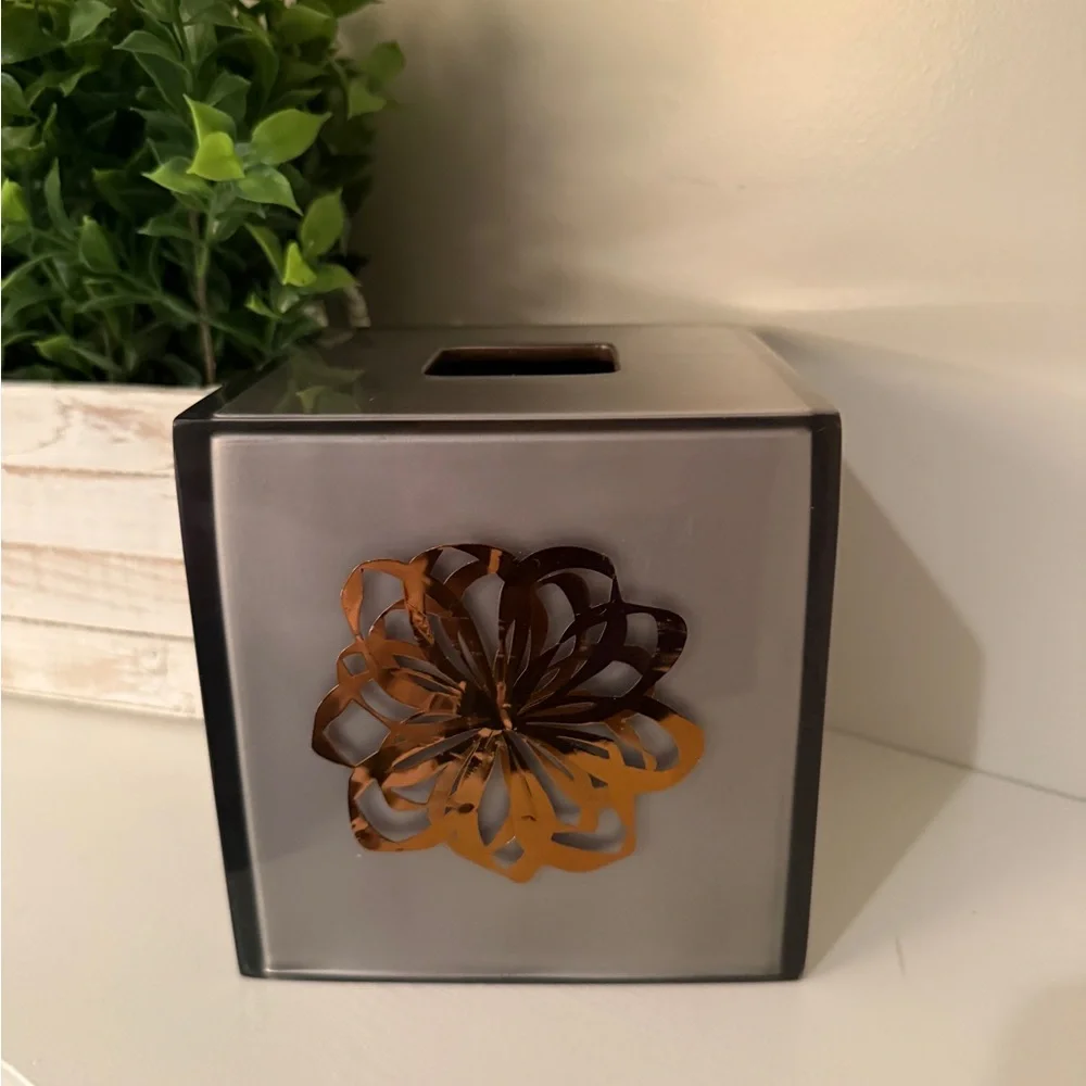 Ancora Gray Lucite Tissue Box Cover featuring a Gold Mandala Boho Floral Design